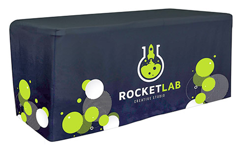 Wholesale Fitted Table Cover image with a company logo and the text is advertising for Rocket Lab.